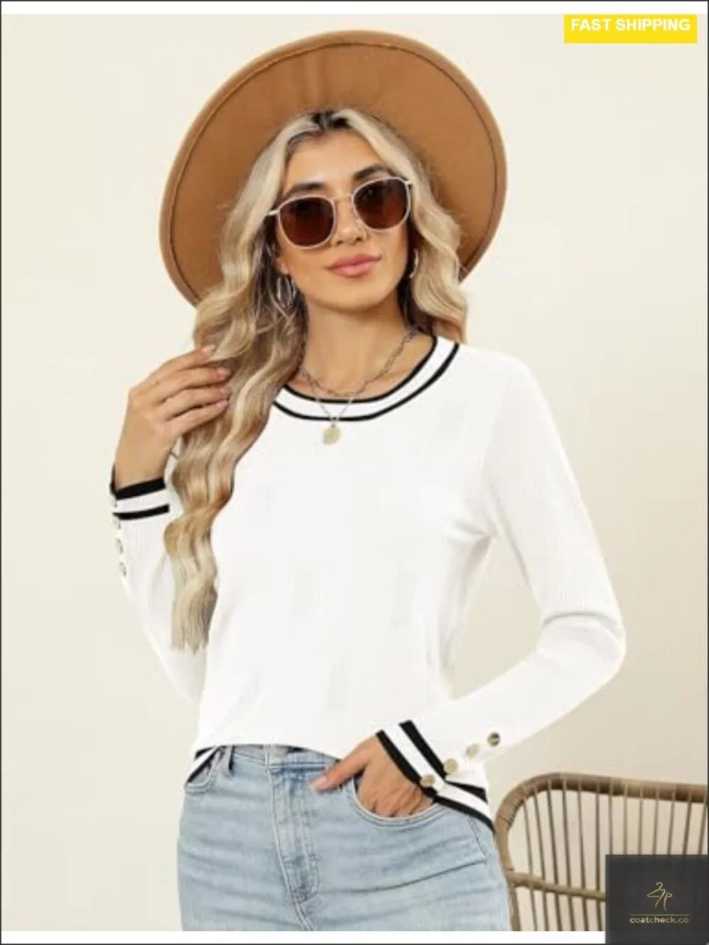 Long Sleeve Crew Neck Lightweight Knit Pullover with Decorative Buttons